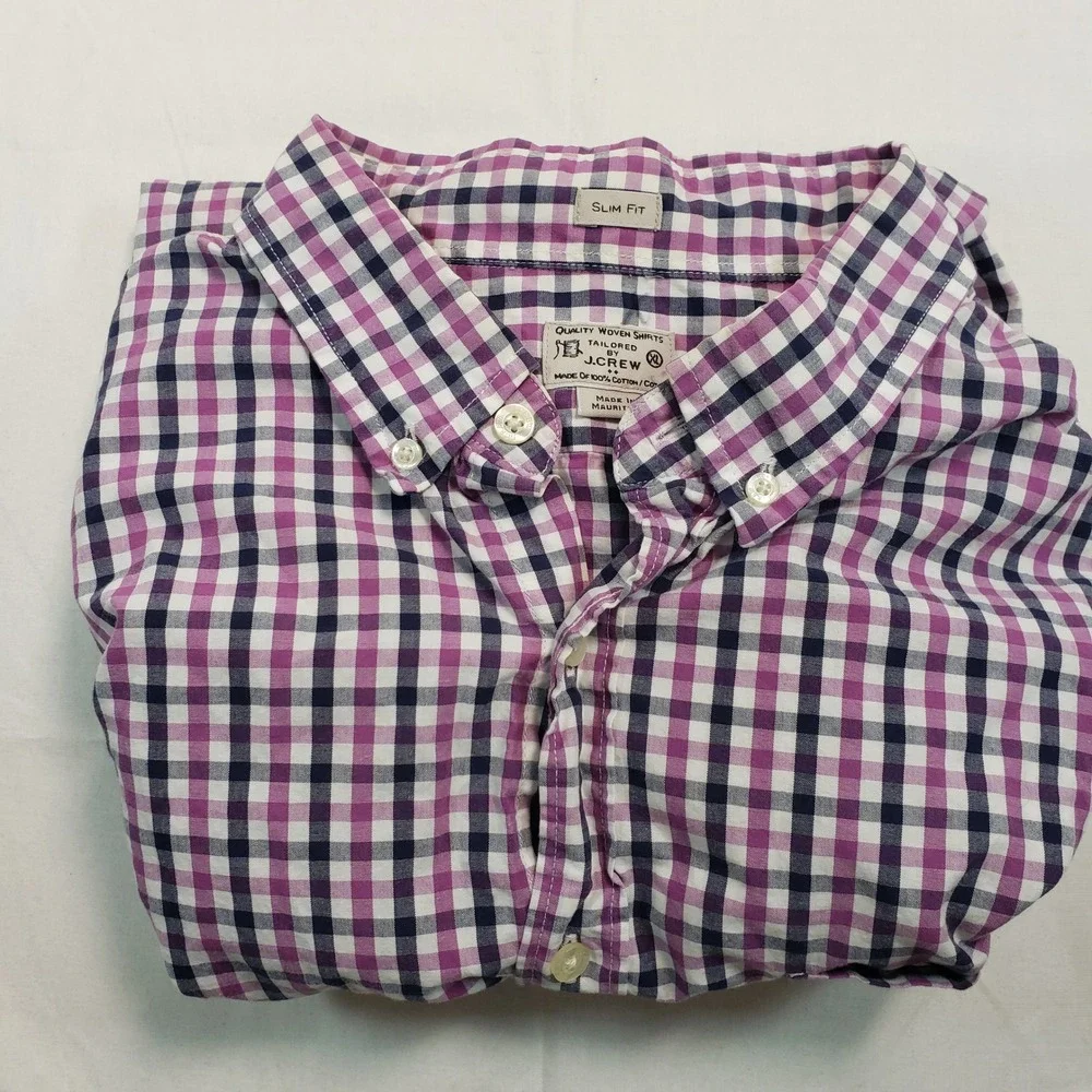 J Crew‎ Slim Fit Gingham Check Button Down Shirt Purple Navy White Men XL